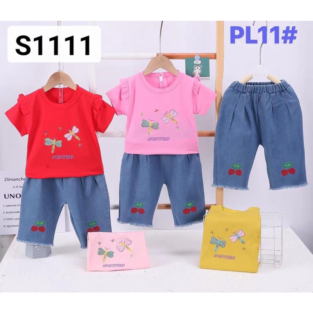 NEW Baju Anak Perempuan Import/Setelan Anak Cewek Celana Jeans dan Kaos Lengan Pendek 6 BULAN-3 Tahun