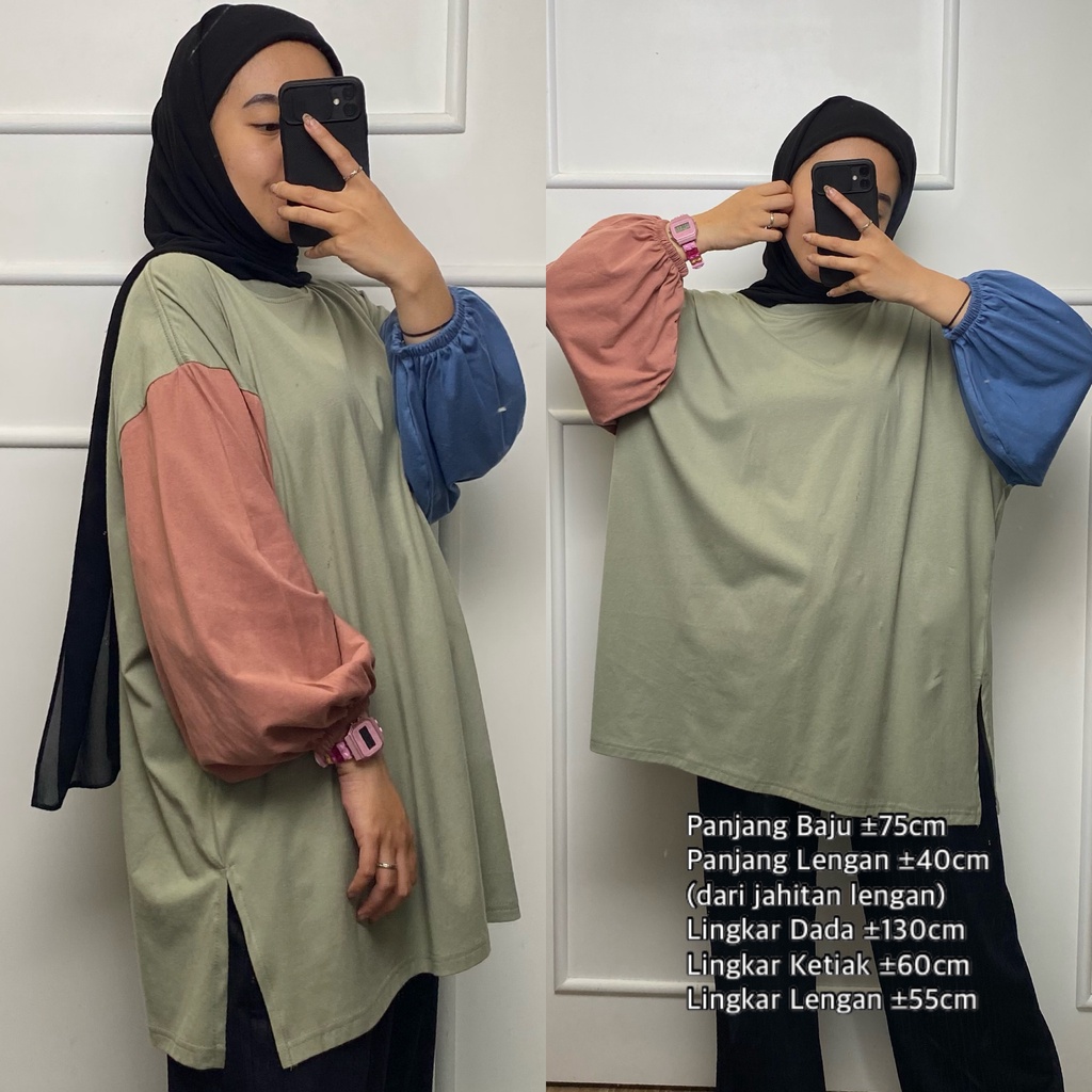 Kaos Wanita Lengan Panjang Oversize Blouse Lengan Balon LD 130 Busui Friendly FemonRitch