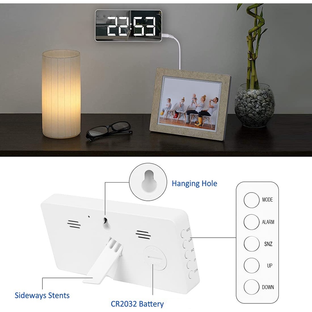 WulaWindy Jam Alarm Digital Mirrored LED Dimming Mode USB Charge - W15 - White