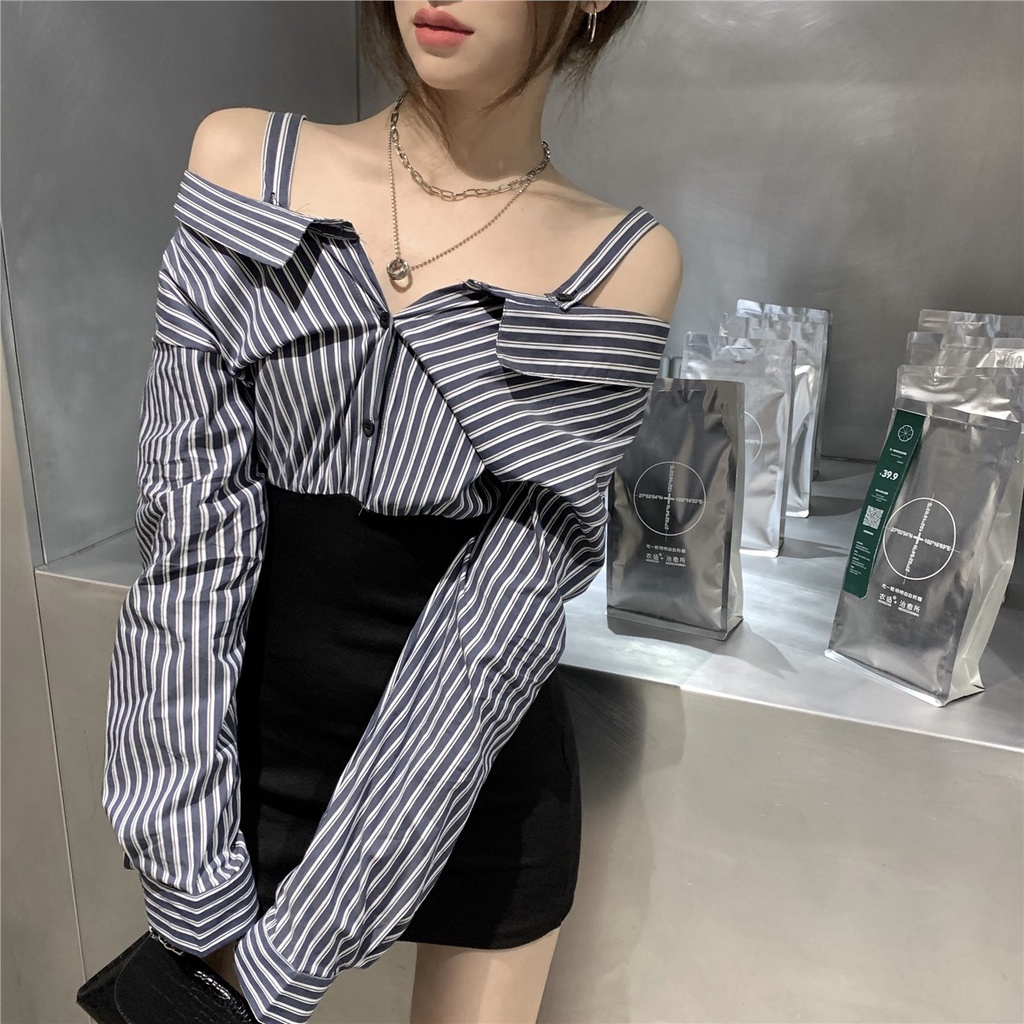 Red One-shoulder kontras warna stripe palsu tas dua potong pinggul gaun wanita musim semi ringan dan gaya dewasa temperamen pinggang ramping kemeja rok