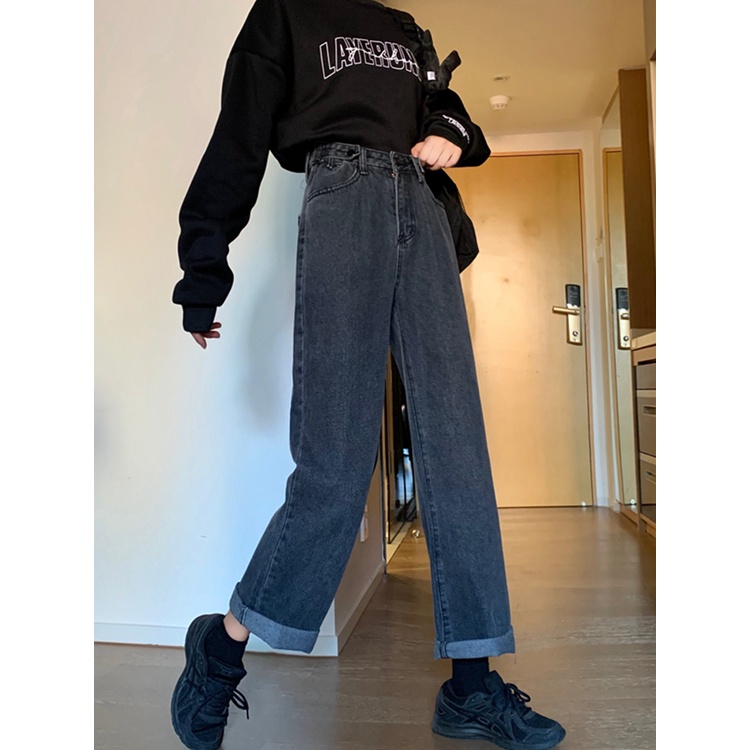 EUNII Korean Style Celana Jeans Hitam Abu-abu Wanita Loose High Waist Pants