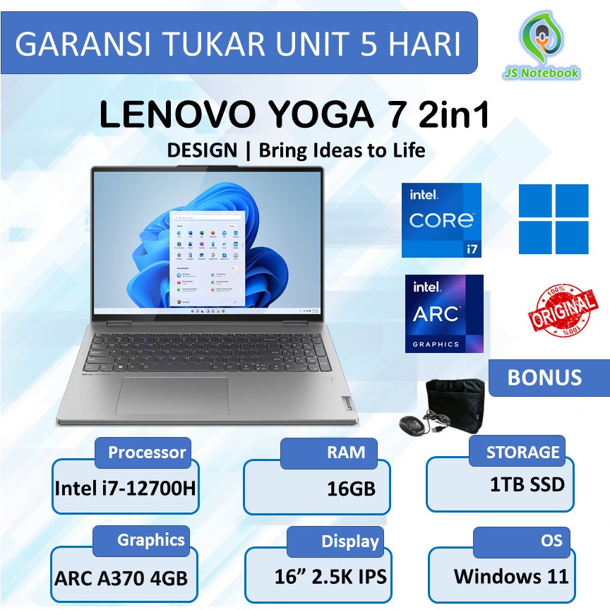 LENOVO YOGA 7i 2in1 TOUCH INTEL ARC A370 4GB i7 12700H 16GB 1TB SSD W11