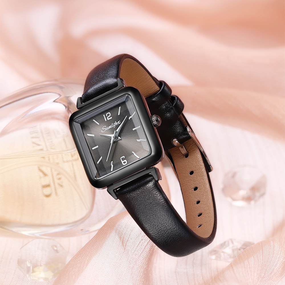 SUNLIFEX Jam Tangan Wanita Korea Mode Tampilan Dial Persegi Jam Tangan Wanita Kecil Tali Kulit Kuarsa Jam Tangan Cewek