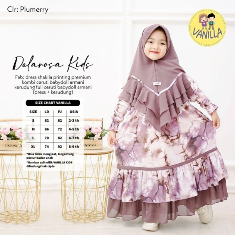 delarosa kids gamis anak set jilbab bahan shakila printing mix ceruty ori by vanilla