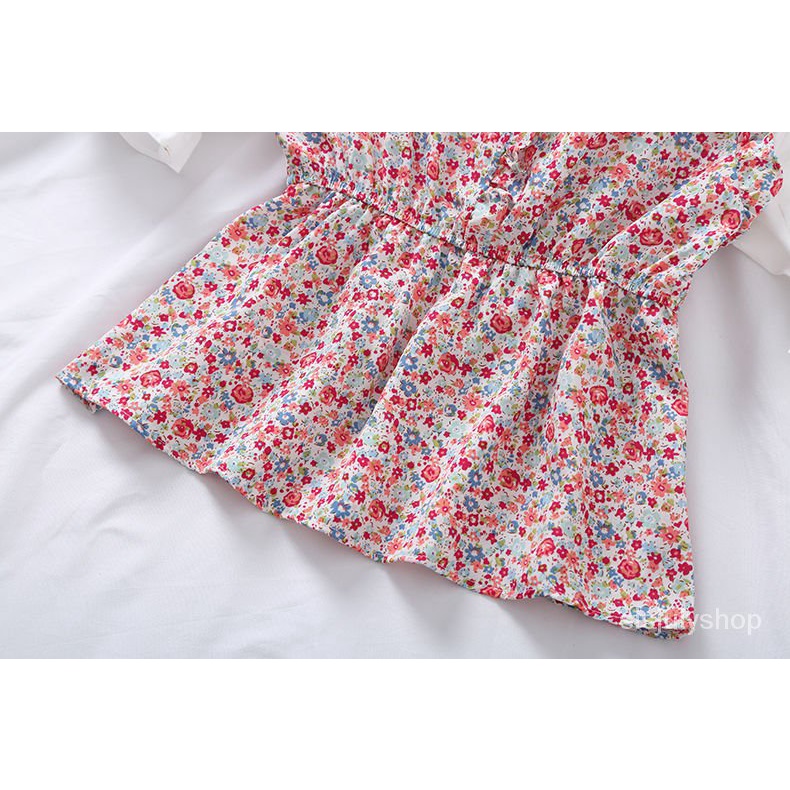 [✅BISA COD] #Sisjuly# Atasan wanita / baru palsu dua potong bunga leher bulat pinggang lengan pendek