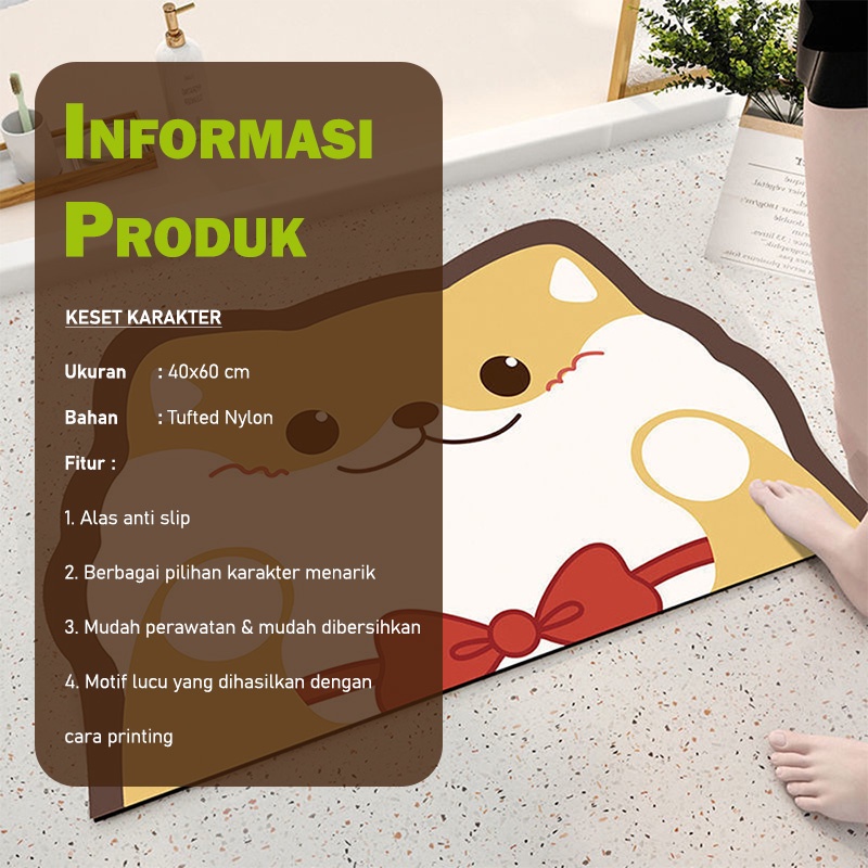 Keset Lantai Karakter Lucu Ukuran 40cm x 60cm Keset Kaki Anti Slip Bahan Tufted Nylon Tebal High Quality Daya Serap Tinggi - D3A4