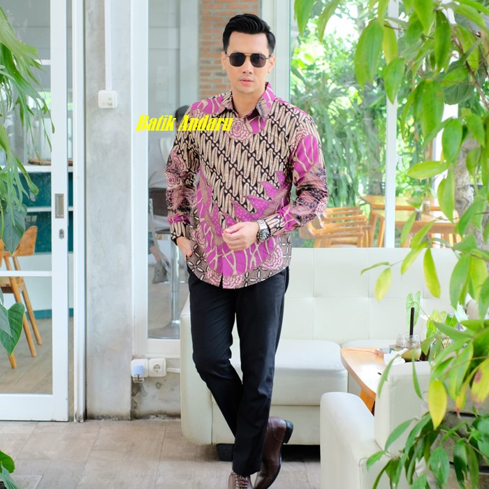 Baju Kemeja Batik Pria Slimfit Lengan Panjang Modern Atasan Premium Warna Ungu Lilac