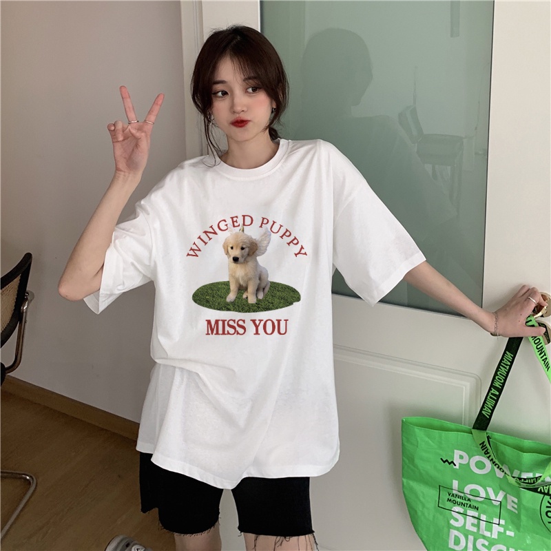 XIAOZHAINV Kaos Atasan Wanita Miss You Dog Pattern Lengan Pendek A0321