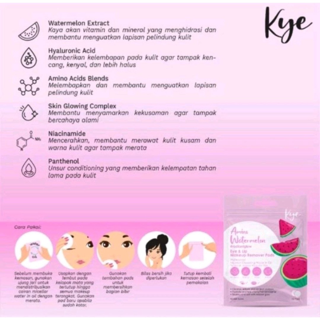 KYE AMINO WATERMELON EYE &amp; LIPS MAKE UP REMOVER 15PADS PEMBERSIH WAJAH