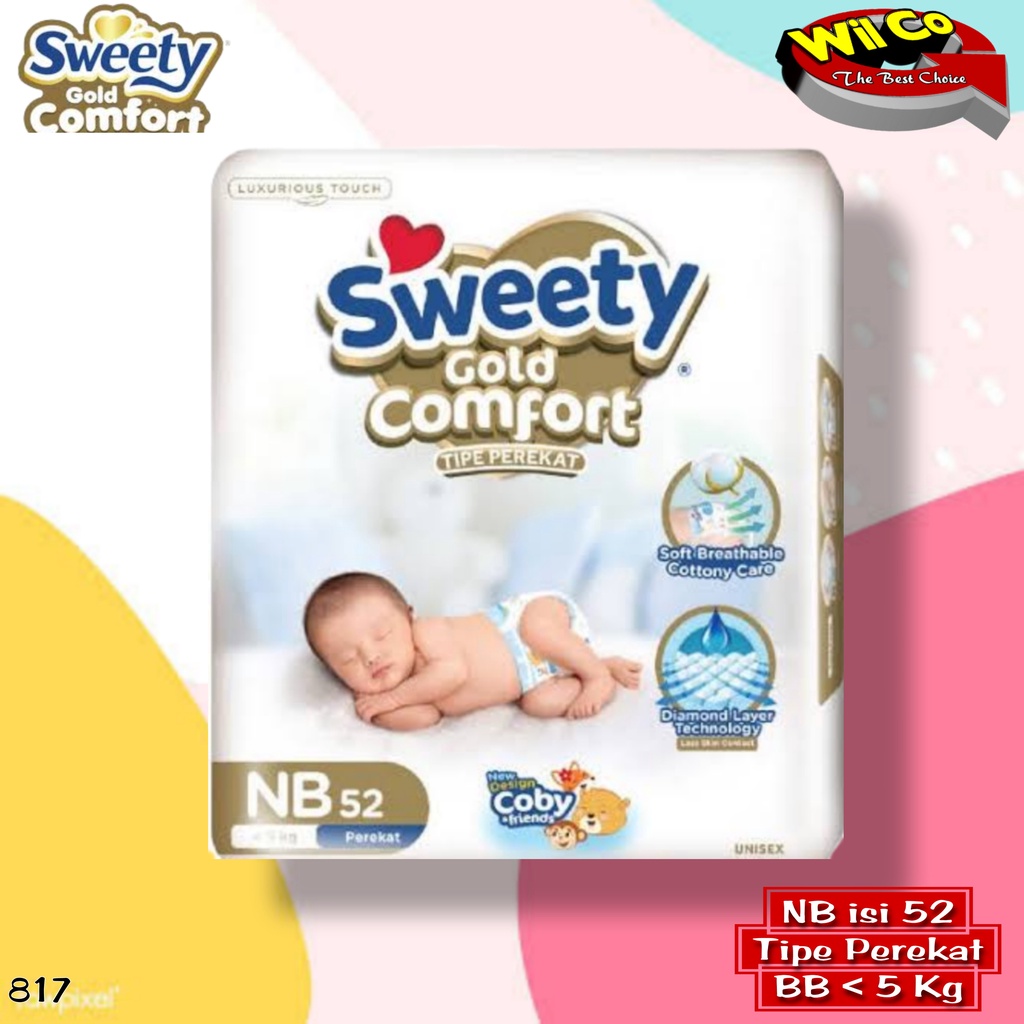 K817 - NB (52 PCS ) POPOK BAYI (baru lahir) SWEETY GOLD COMFORT BERAT BAYI 5 KG TIPE PEREKAT