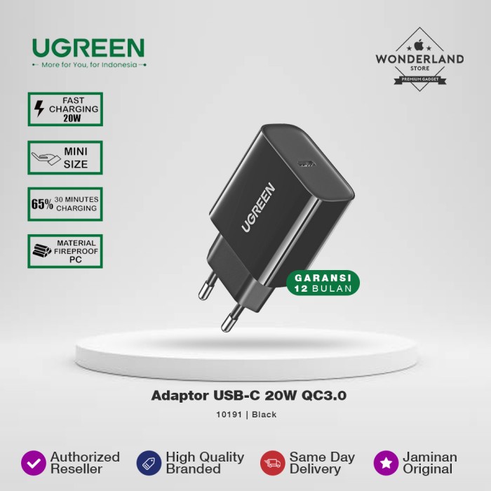 Charger Ugreen Wall Kepala Adaptor Usb-C 20W Fast Charger Iphone Pd Qc3.0