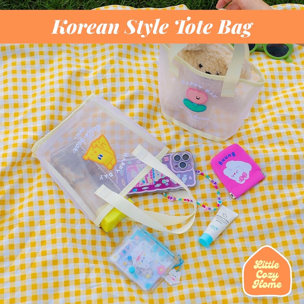 KOREAN STYLE TOTE BAG / Tas Jinjing Transparan Handbag Ala Korea Remaja Piknik Cantik / Tas untuk Kursus Anak Les Sekolah Motif Karakter Premium Cute Lucu Imut Perempuan Cewek