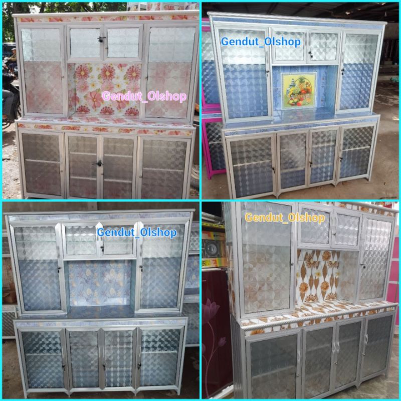 (Khusus Wilayah Kota Palembang) Rak Piring 4Pintu 6Keramik Tiang Silver Lemari piring/Lemari Dapur K