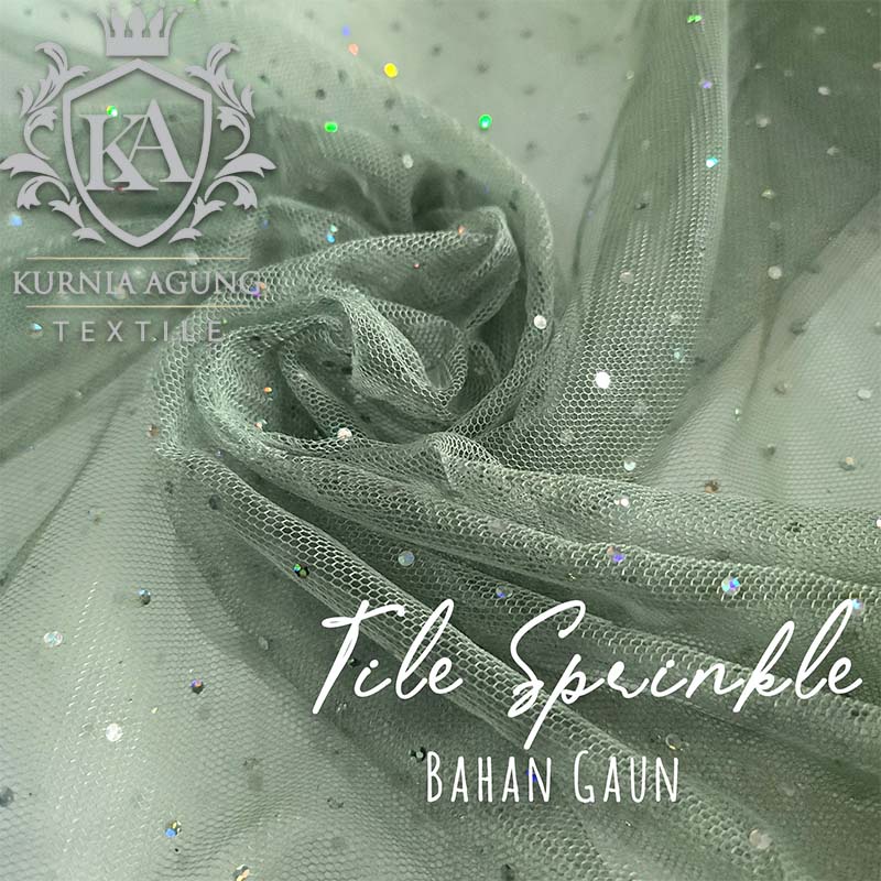 Kain Soft Tulle Gliter Kain Tile Sparkling Diamond Warna SAGE GREEN Meter dan 0.5 Metter Lebar 170cm