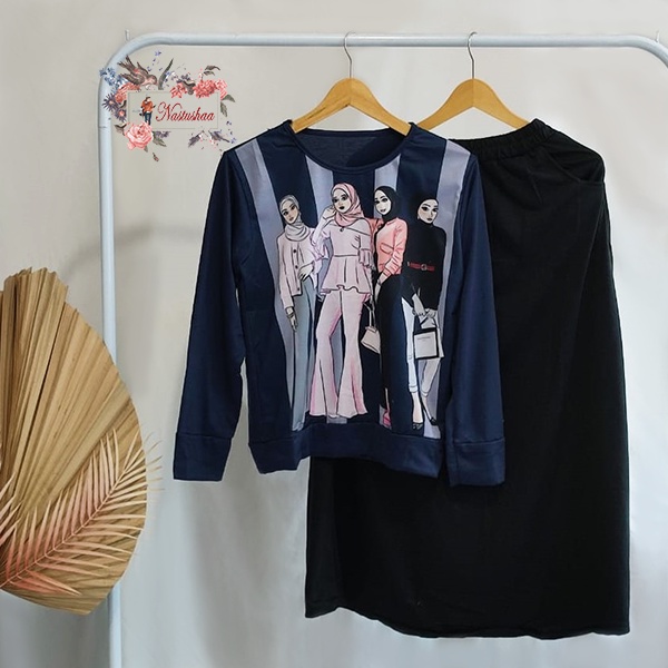 Setelan Rok Kaos Panjang Wanita Bahan Babyterry One Set Wanita Kaos Motif Sablon Rok Pinggang Karet Ada Kantong Kanan Kiri Baju Stelan Cewek Muslim Sehari-Hari