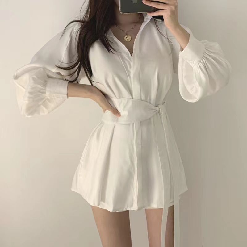 Women Summer Long Sleeve Belted Collar Mini Dress Wanita Lengan Panjang 1456 (S-XL)