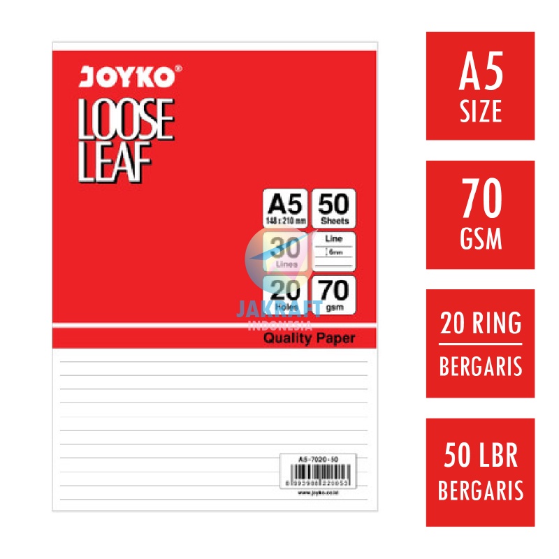

(50 Pcs) Kertas File Loose Leaf JOYKO A5 Isi Binder Note Bergaris 20 Lubang Ring Rings