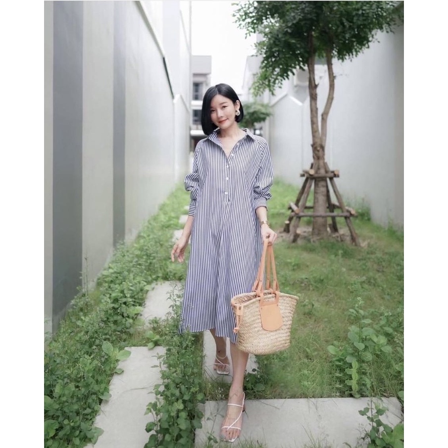 midi dress salur / dress stripe casual wanita / dress busui friendly /gamis stripe wanita