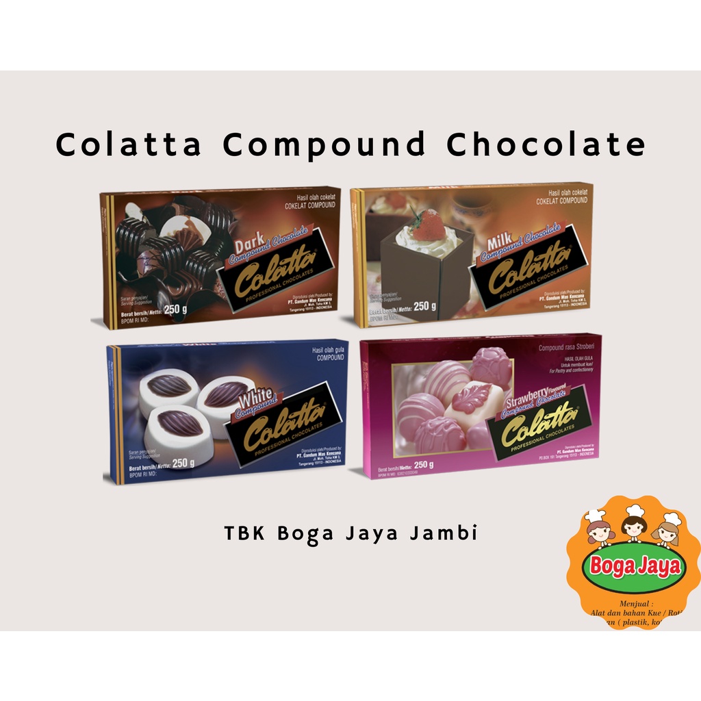 

COLATTA COMPOUND CHOCOLATE DARK/MILK/WHITE/STRAWBERRY [KEMASAN 250gr]