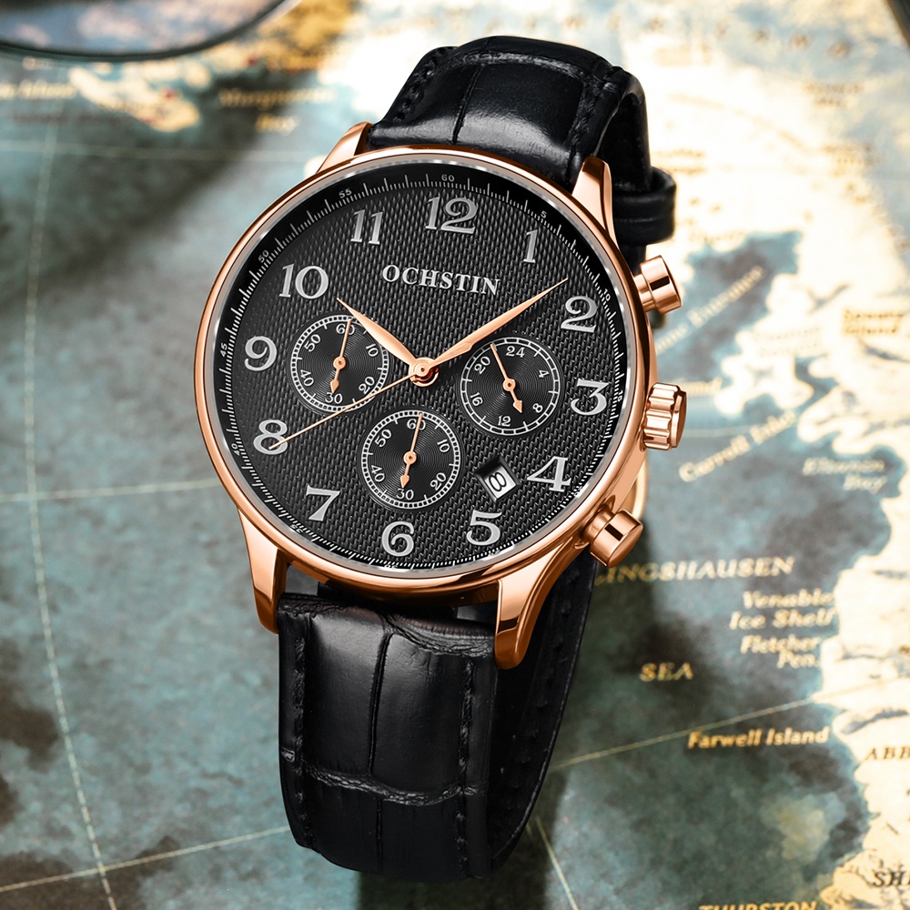 OCHSTIN Top Brand Mewah Jam Tangan Pria Chronograph Kuarsa Kulit Pilot Tahan Air Olahraga