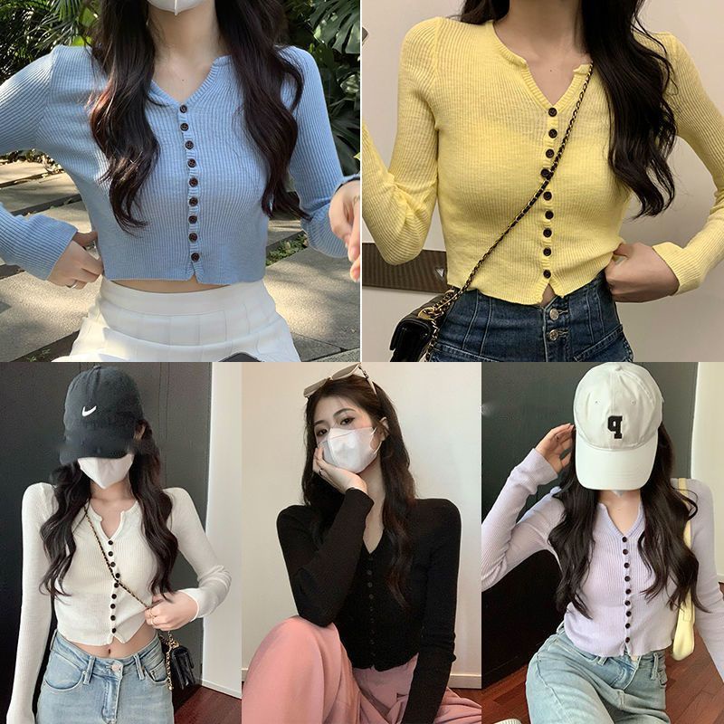 Red Kardigan rajutan kuning rasa Hong Kong pakaian luar musim semi wanita angin malas blus slim-fitting v-neck lembut blus lengan panjang atasan sweater