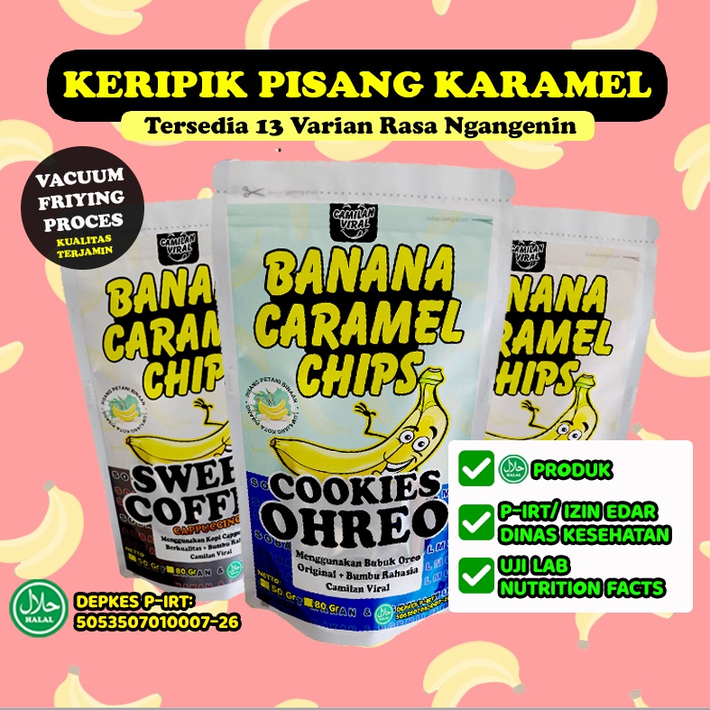 

✅ BANANA CARAMEL CHIPS - KERIPIK PISANG KARAMEL 13 VARIAN RASA - COKLAT, SUSU, KOPI, COOKIES, MACA