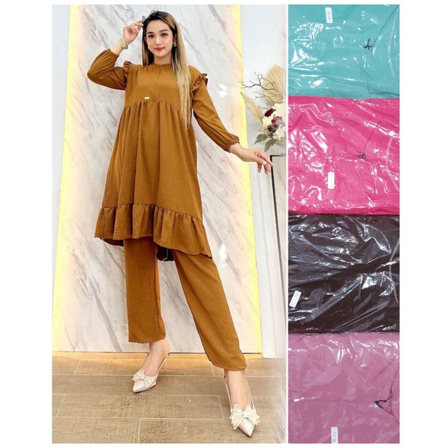 Setelan crinkel ld 110 one set tunik rampel bigsize set airflow polos cewek