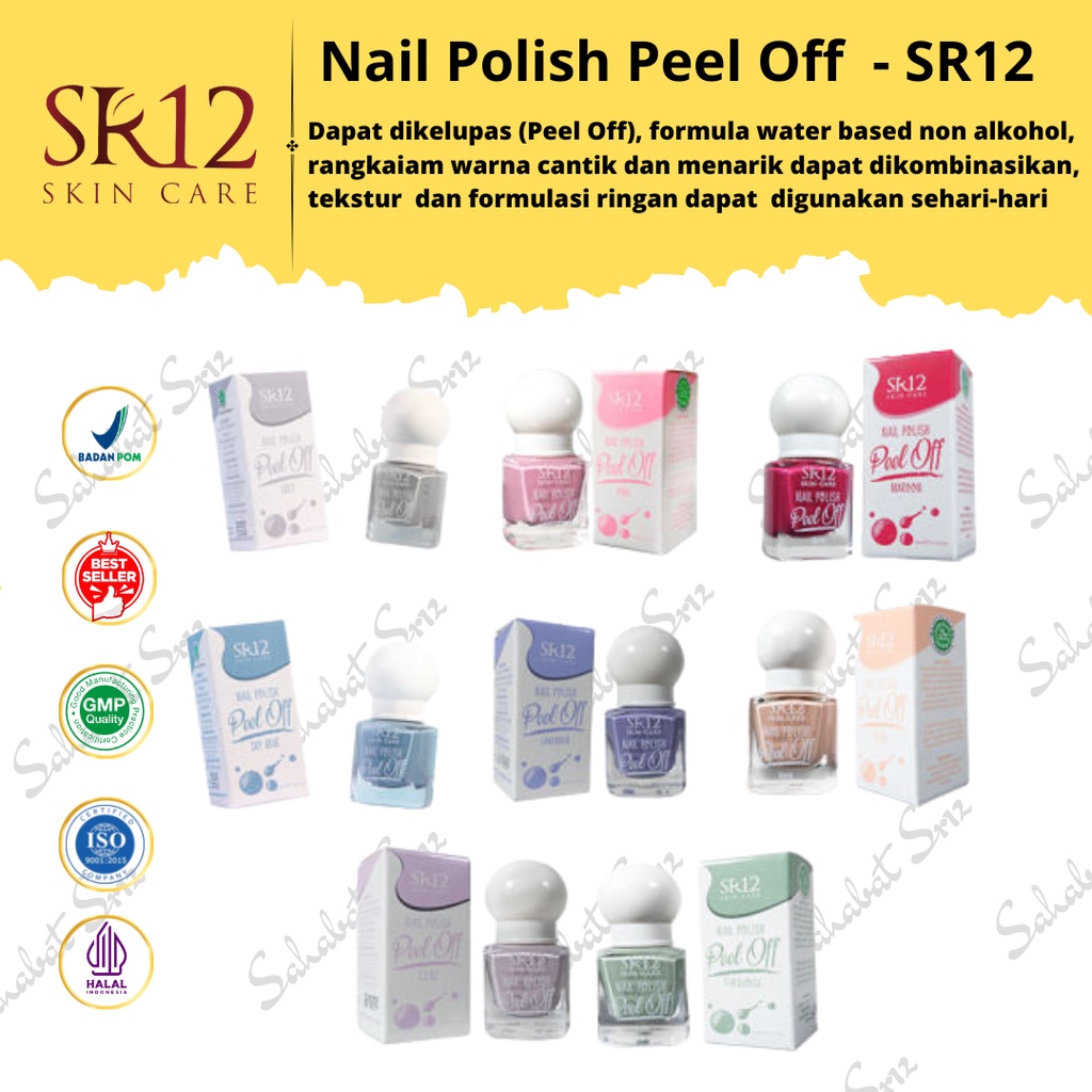 NAIL POLISH PEEL OFF SR12 / KUTEK HALAL KERING 2 MENIT / MUDAH DIKELUPAS WATER BASED / NON ALKOHOL