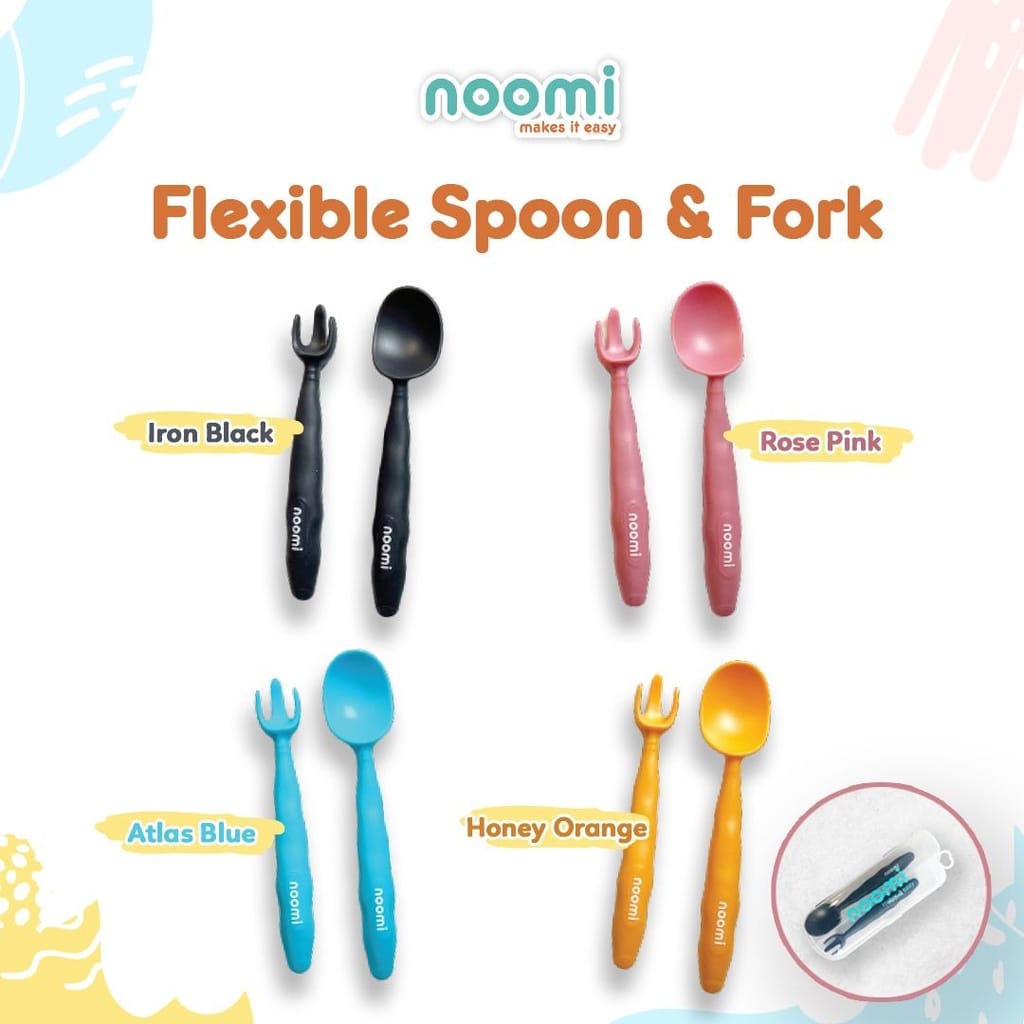 Noomi Flexible Spoon &amp; Fork + Box - Sendok Garpu Makan Anak