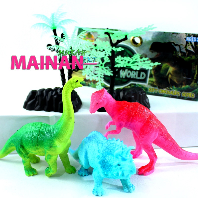 MAINANKEI MAINAN ANAK MINIATUR DINOSAURUS KARET OCT1219 POHON BATU HEWAN DINO ISI 3 WORLD ANIMAL