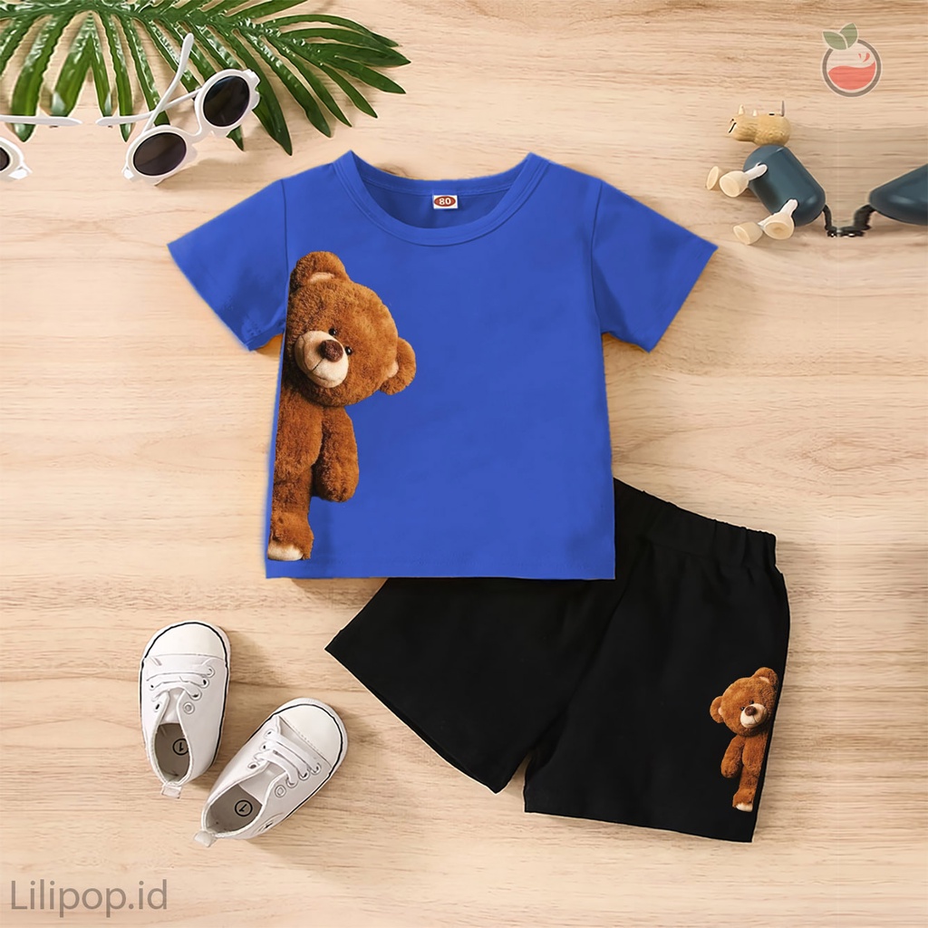 Baju Anak Stelan Kaos 3/4  BEAR  KOYA Cowok Cewek  Usia 1 -4 Tahun Celana Pendek Harian