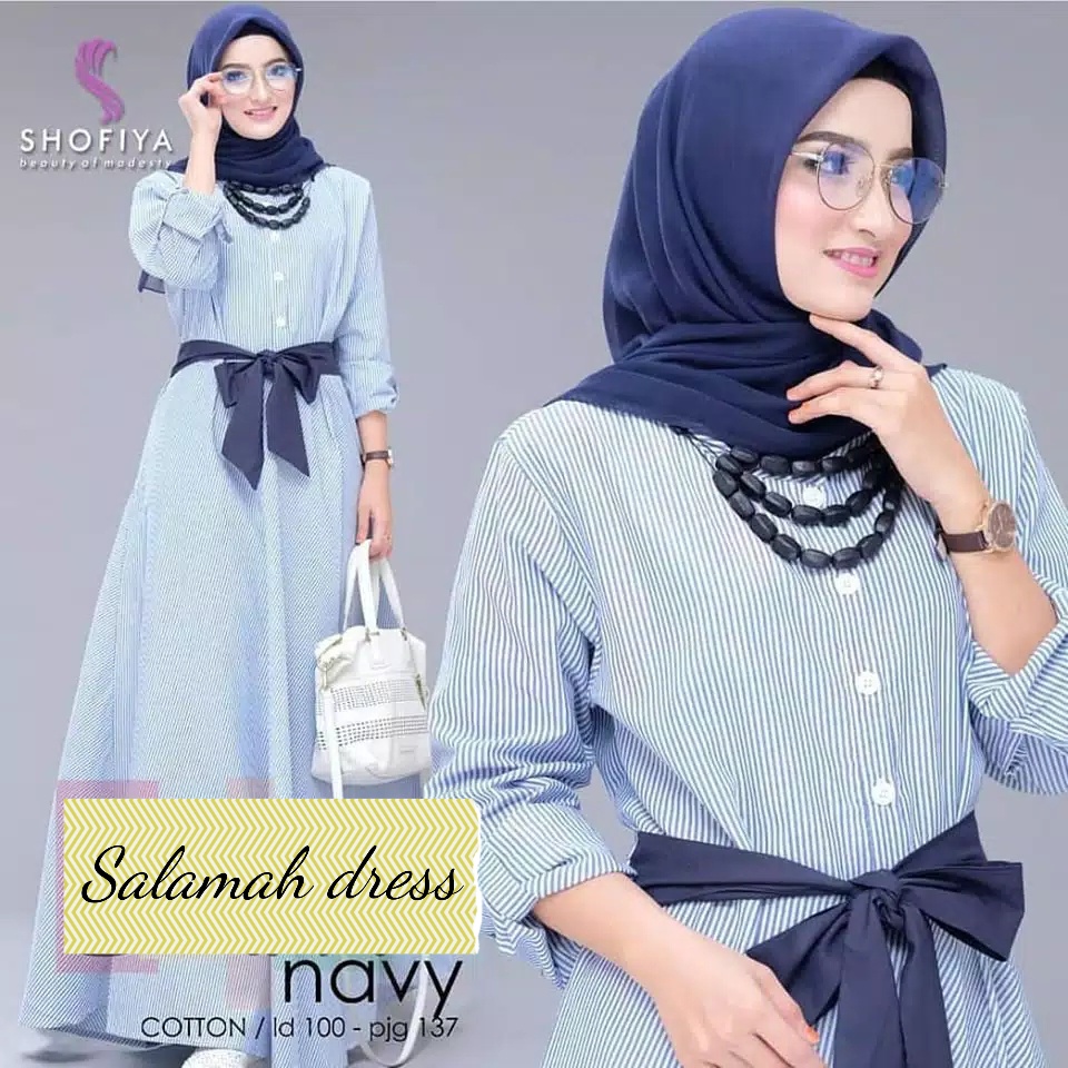 Salamah - Bisa COD Baju Dress Gamis Busui Kancing Depan Motif Garis Tangan Lengan Panjang Tali Pita 