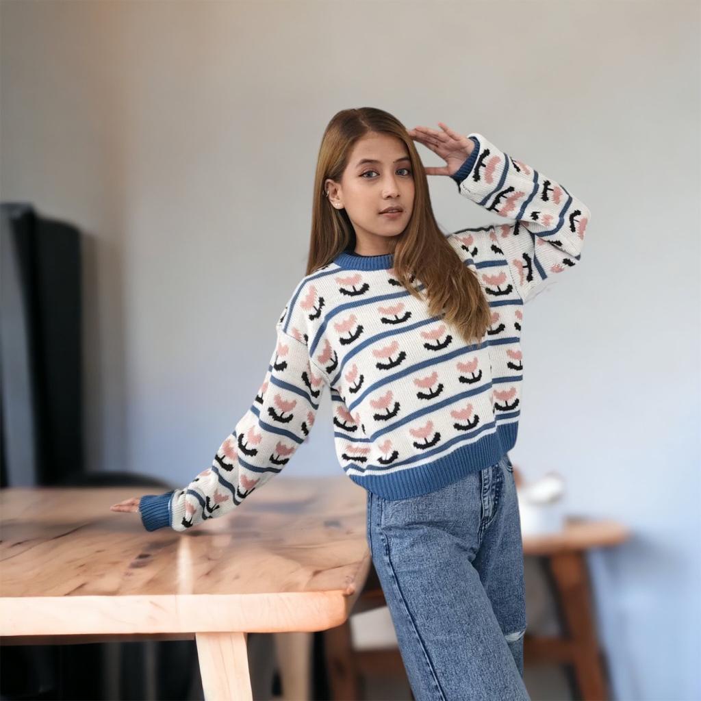 SWEATSHIRT RAJUT KOREAN // SWEATER WANITA TULIP SALUR OUTER MINIMALIS RAMPING TERBARU