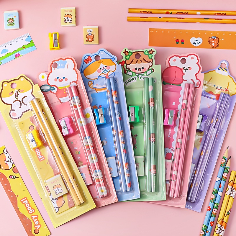 Peralatan Set alat tulis pensil perlengkapan menulis penggaris rautan penghapus garisan 1 pak pink hijau orange hamster cat cute lucu