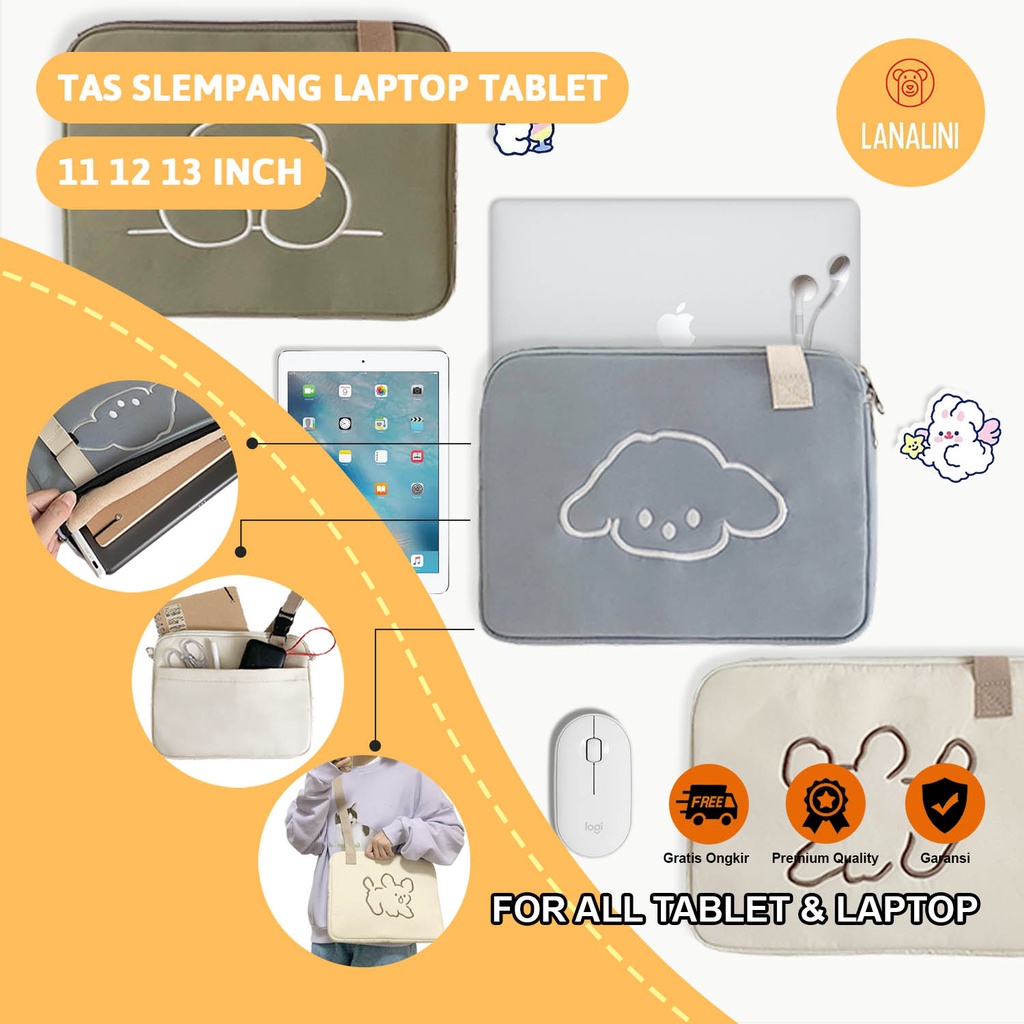 Sleeve Pouch Sarung Tas Bag Case Ipad Tab Tablet Macbook Air Pro Laptop Asus Acer Lenovo HP Huawei 11 12 13 14 15 inch Motif Gambar Rabbit Kelinci Kucing Anjing Poodle Warna Putih Beige Hijau Khaki Biru Lucu Cute Murah Korean Model Tali Selempang Jinjing