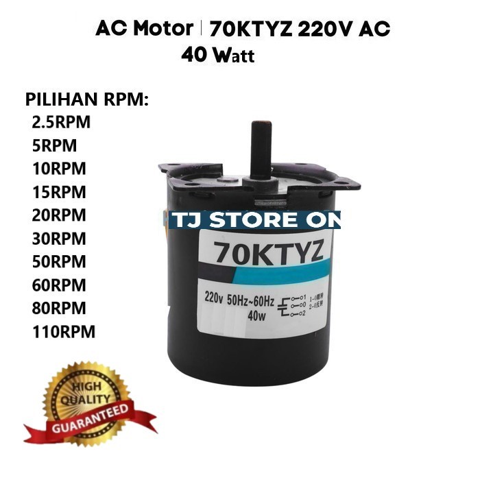 AC 220V DINAMO MOTOR RPM RENDAH 70KTYZ 40W TORSI BESAR BOLAK BALIK