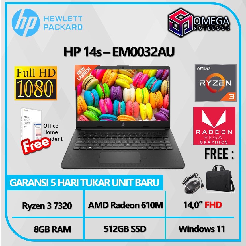 Laptop HP 14s EM0032AU / EM0014AU Ryzen 3 7320 8GB 512GB 610M 14,0 FHD Windows 11