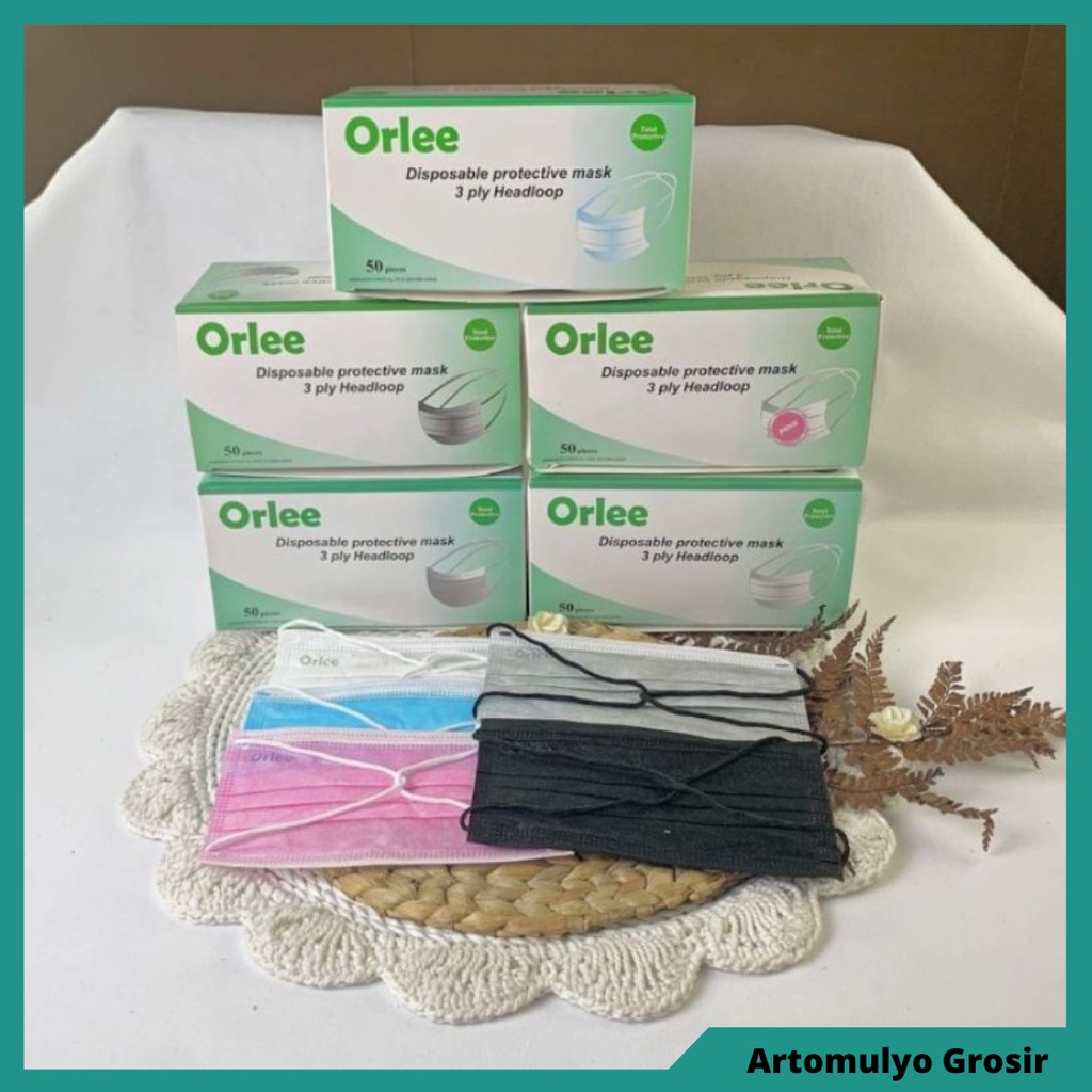 Masker ORLEE ORLE Populer 3 ply 3Ply Earloop/Kuping/Tali Model Medis ijin Kemenkes 50 pcs Original Murah ABU HITAM PUTIH BIRU PINK WARNA WARNI