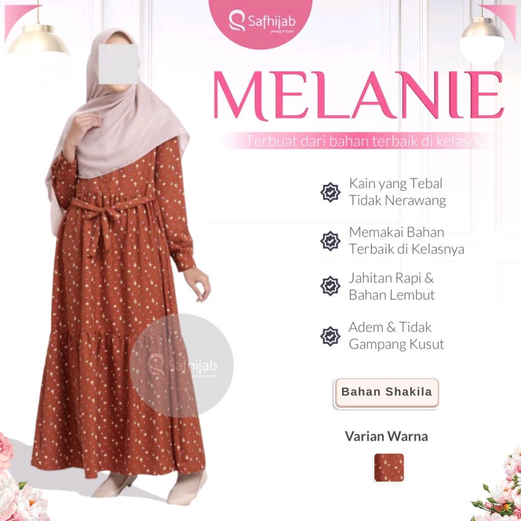 Dress Wanita Muslim Melanie Safhijab Gamis Warna Merah Bata Panjang Pakaian Atasan Motif Garis Sabuk
