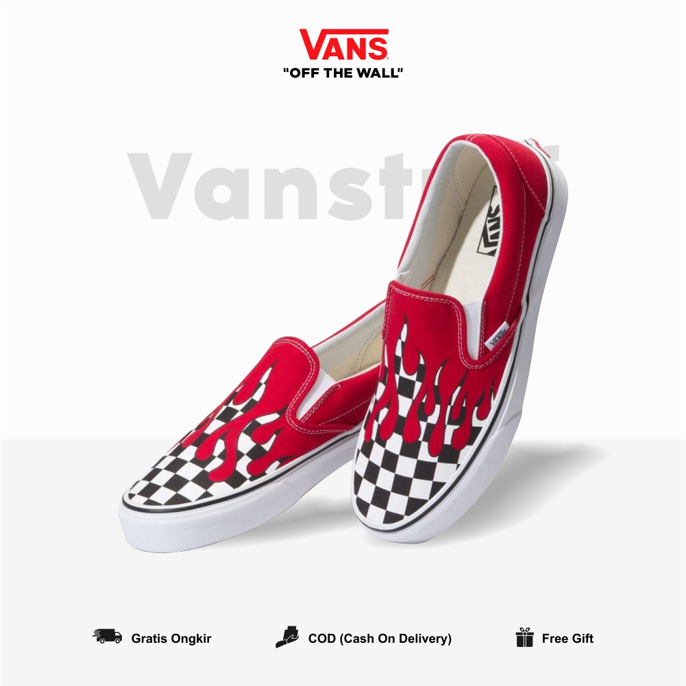 Vans Slip On Checkerboard Flame Black White Red Original 100 % BNIB Global Market Waffle EVB Hitam Tali Putih Couple Pria Wanita Item