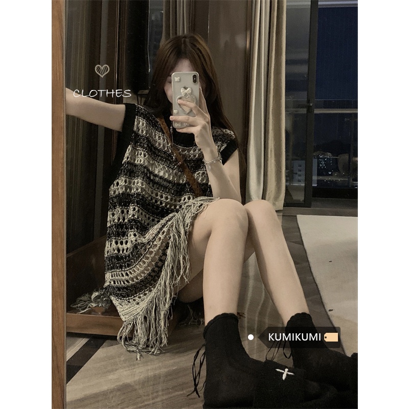 Red Ceruk desain retro rompi tanpa lengan berongga baru musim panas warna kontras bergaris mid-panjang fringed top fashion wanita