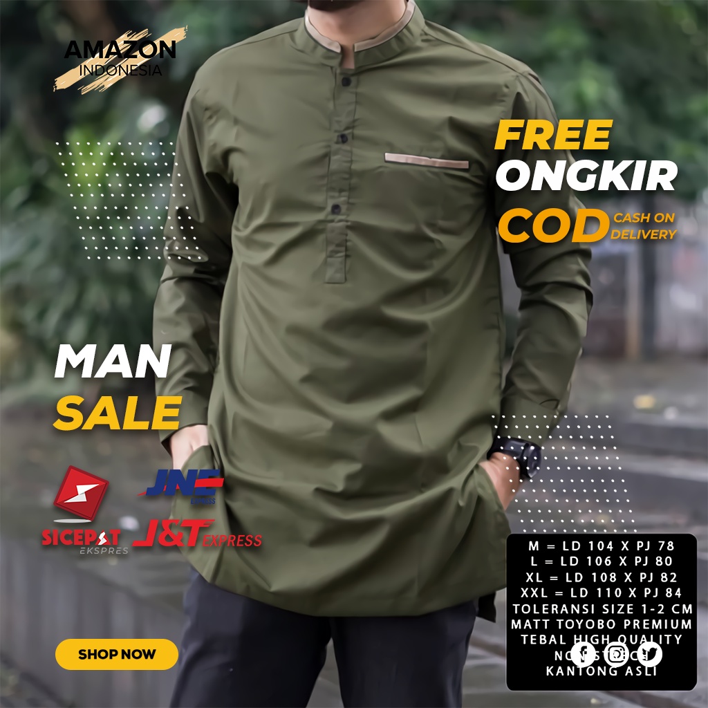 BAJU KOKO PRIA MUSLIM WARNA ARMY BAHAN TOYOBO PREMIUM LENGAN PANJANG HIGH QUALITY