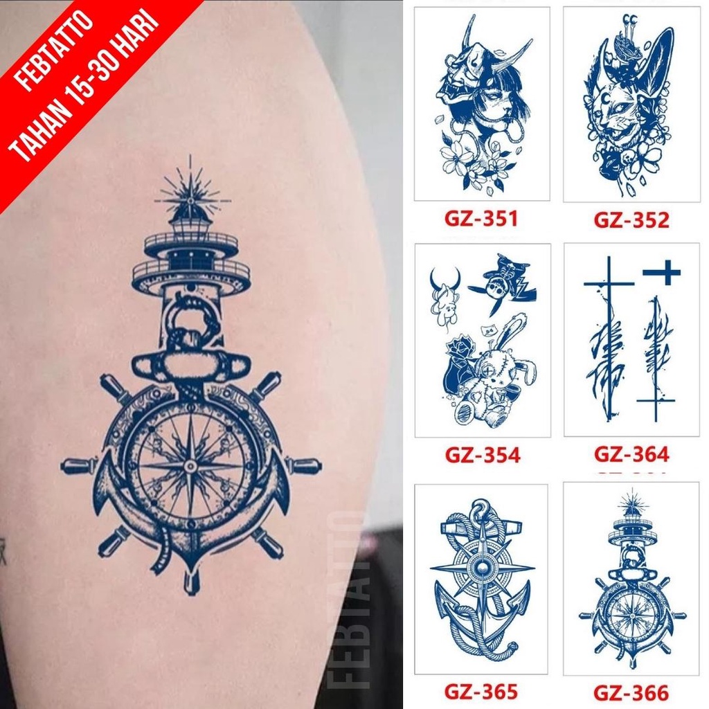 Tato Temporer Ukuran 18cm x 11cm Motif GZ 366 Jangkar Kompas Tato Lengan Tato Dada Tato Tangan Tato 