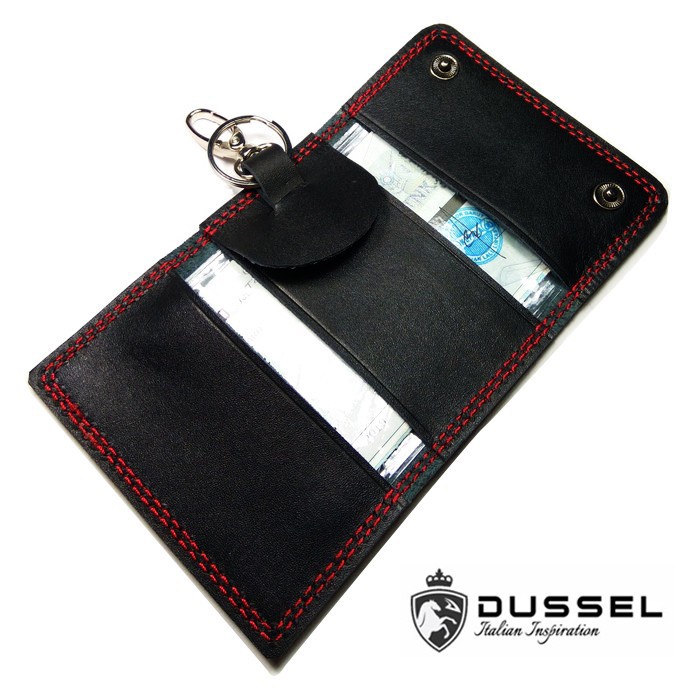 Gantungan Kunci DOMPET STNK Kulit Sapi Asli Mobil Motor Black Leather Red Stitching - P03