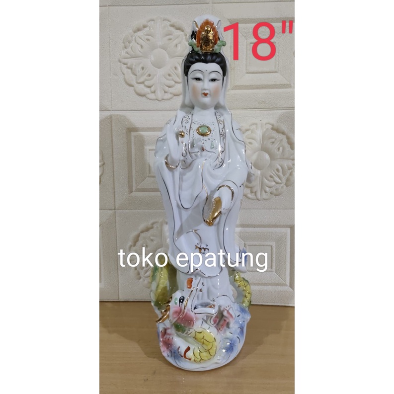 patung dewi kwan im guan yin berdiri - naga - 18 inch keramik