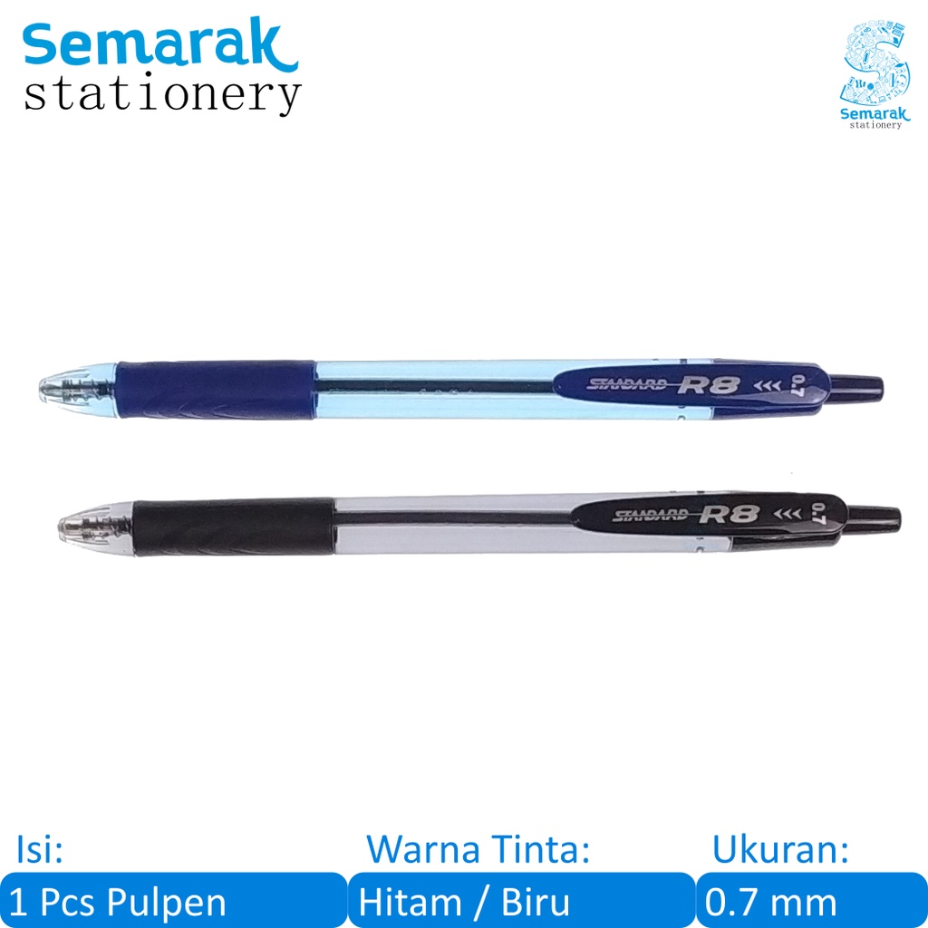 

Standard R8 Retractable Ballpoint Pen Pulpen Cetek Oil Gel Grip Karet 0.7 - Hitam / Biru