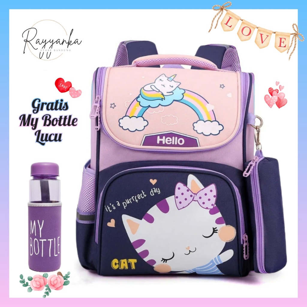 Tas Ransel Anak Perempuan Motif C4t Pelangi Gratis Botol Minum Lucu Untuk Sekolah Tk Paud Sd