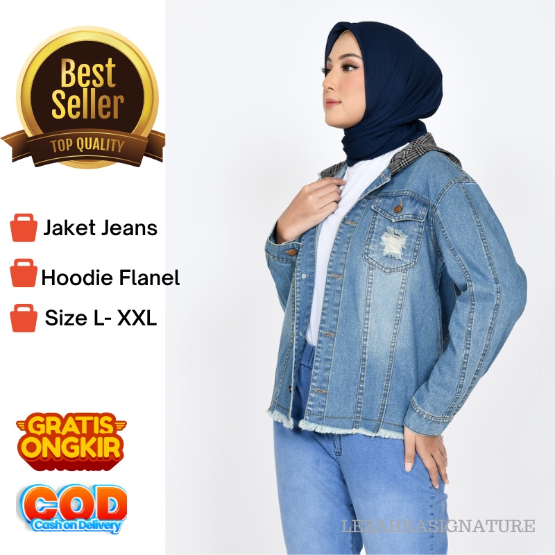 Lezahrasignature Jaket jeans Hoodie Wanita fit XXL Denim Jacket Hoodie Jeans Flanel