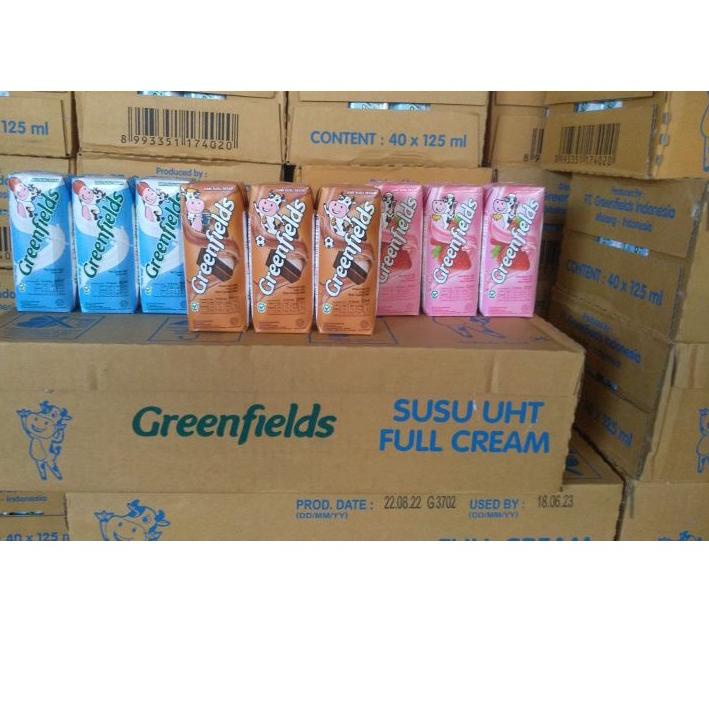 

➩ PROMO Susu UHT Greenfields 125ml Fullcream Strawberry Chocomalt karton dus isi 40 EXP ☉