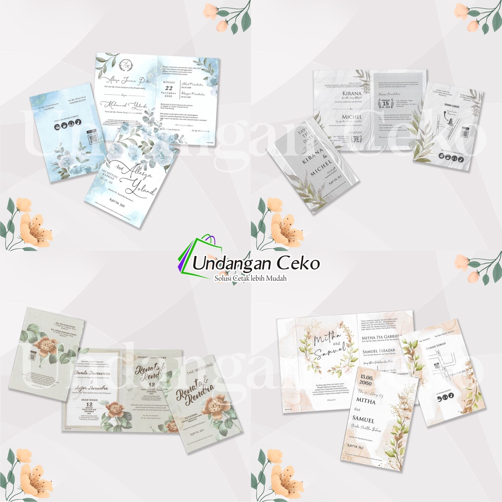 Cetak Undangan Pernikahan Motif Natural Floral Watercolor Terbaru Desain Rayya-360, Rayya-361, Rayya